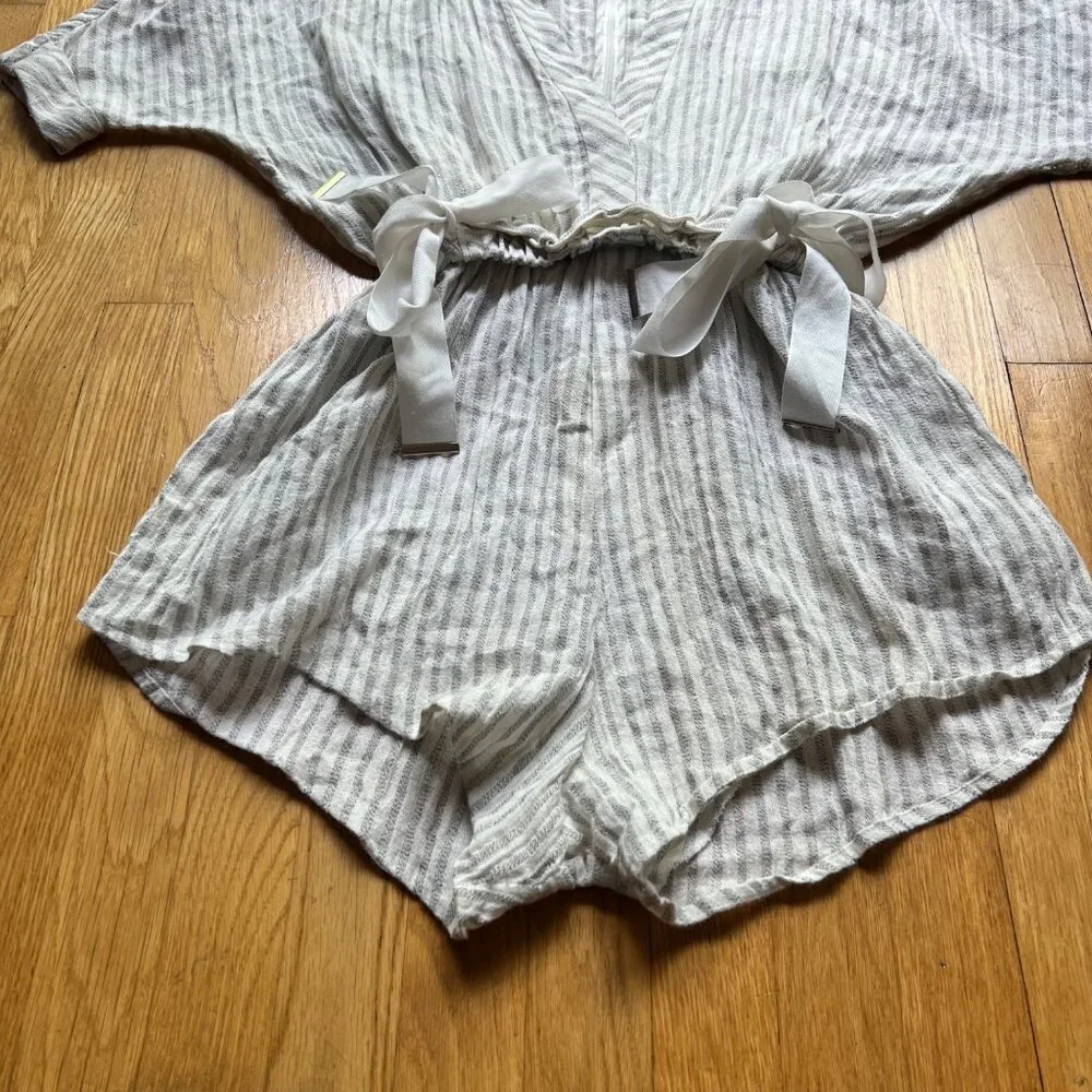 Acler Size 2 Tan & Cream Preston Deep V Striped Linen Paperbag Romper - Picture 8 of 16